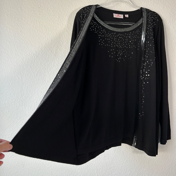 Quacker Factory plus size 1X tank cardigan duet black sequin trim cotton blend - Picture 6 of 11